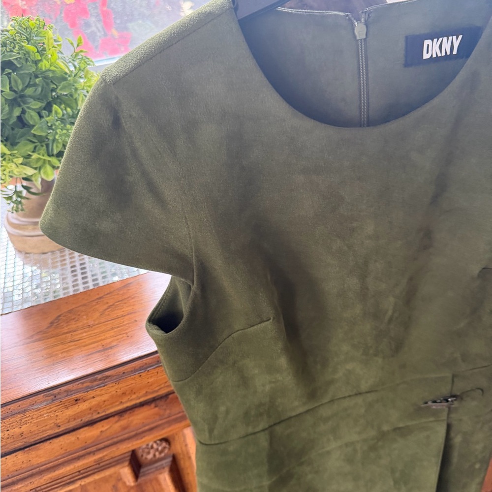 DKNY Olive Green Faux-Suede Cap-Sleeve Sheath Dress - Picture 3 of 5